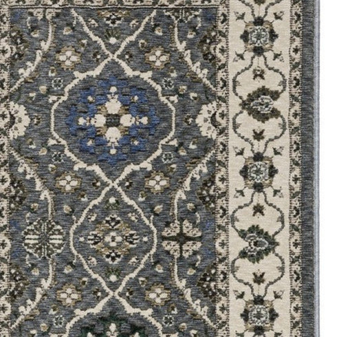 5' X 8' Blue And Gray Oriental Area Rug With Fringe